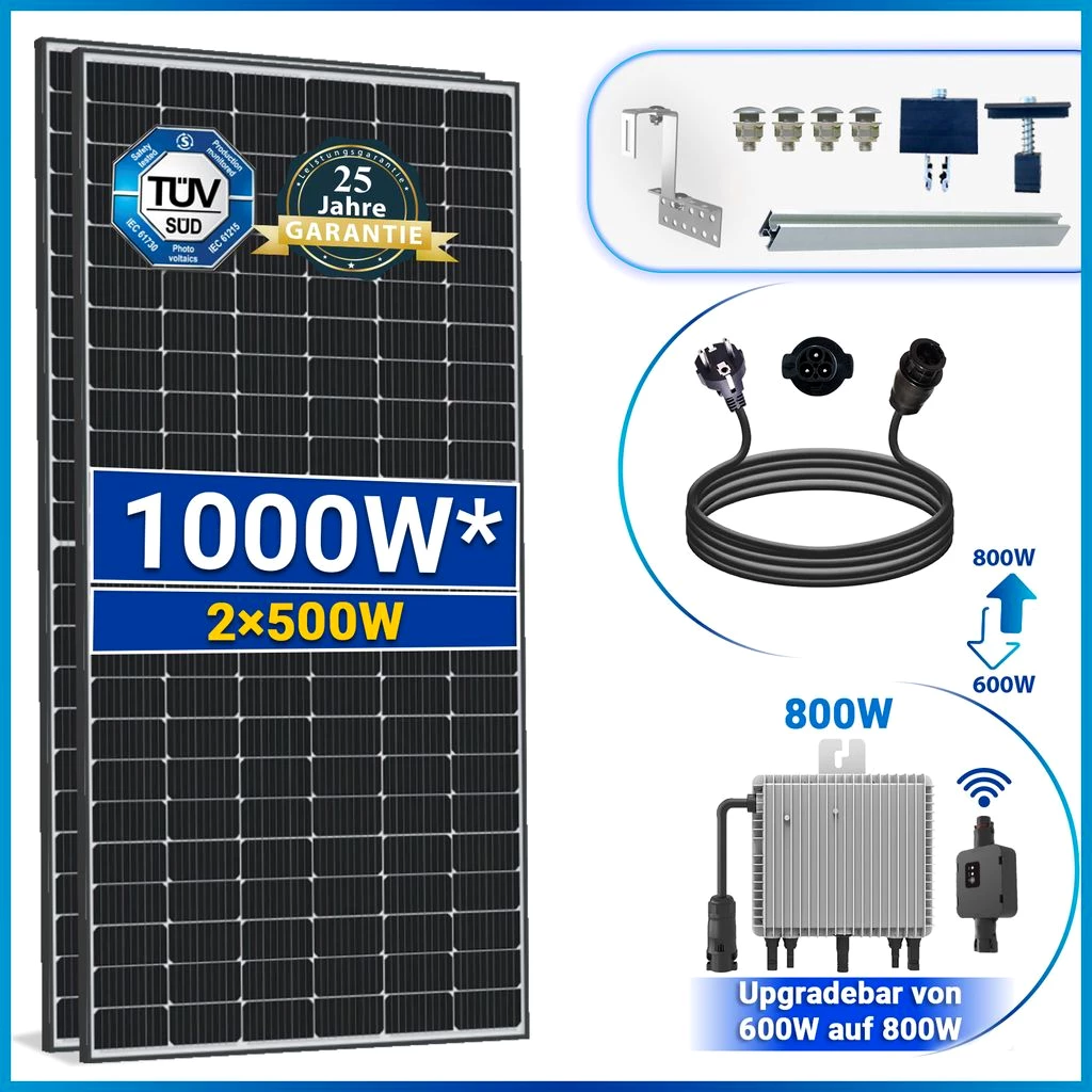 1000W Balkonkraftwerk Komplettset inkl. 500W Solarmodule, Ziegeldach PV-Montage
