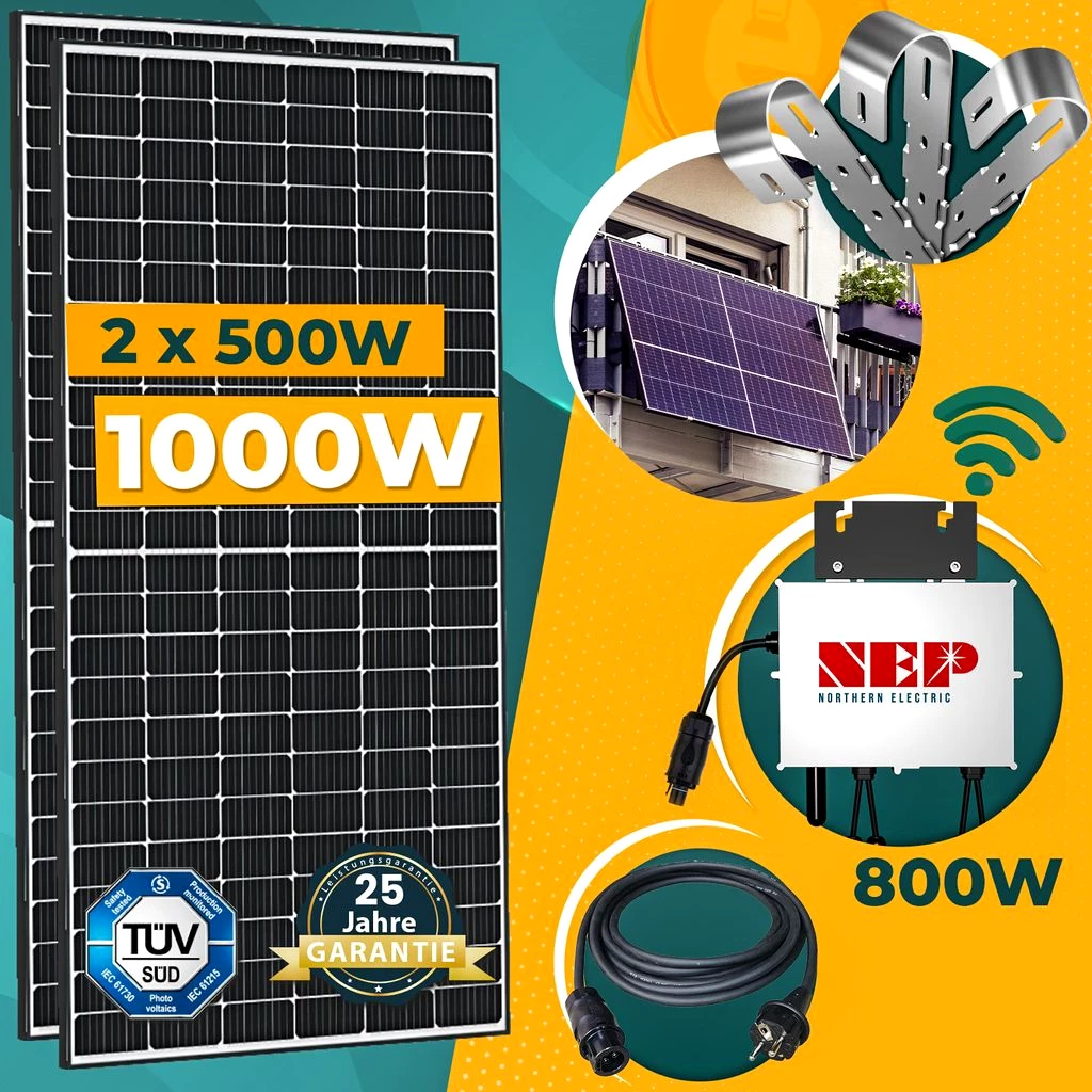 1000W Balkonkraftwerk Komplettset inkl. 500W Solarmodule, NEP 800W WIFI Wechselrichter
