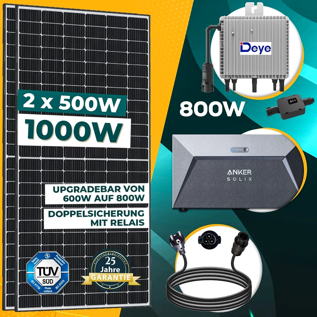 1000W Balkonkraftwerk Set inkl. 2x500W Solarmodule, Anker SOLIX Solarbank E1600 Solarspeicher