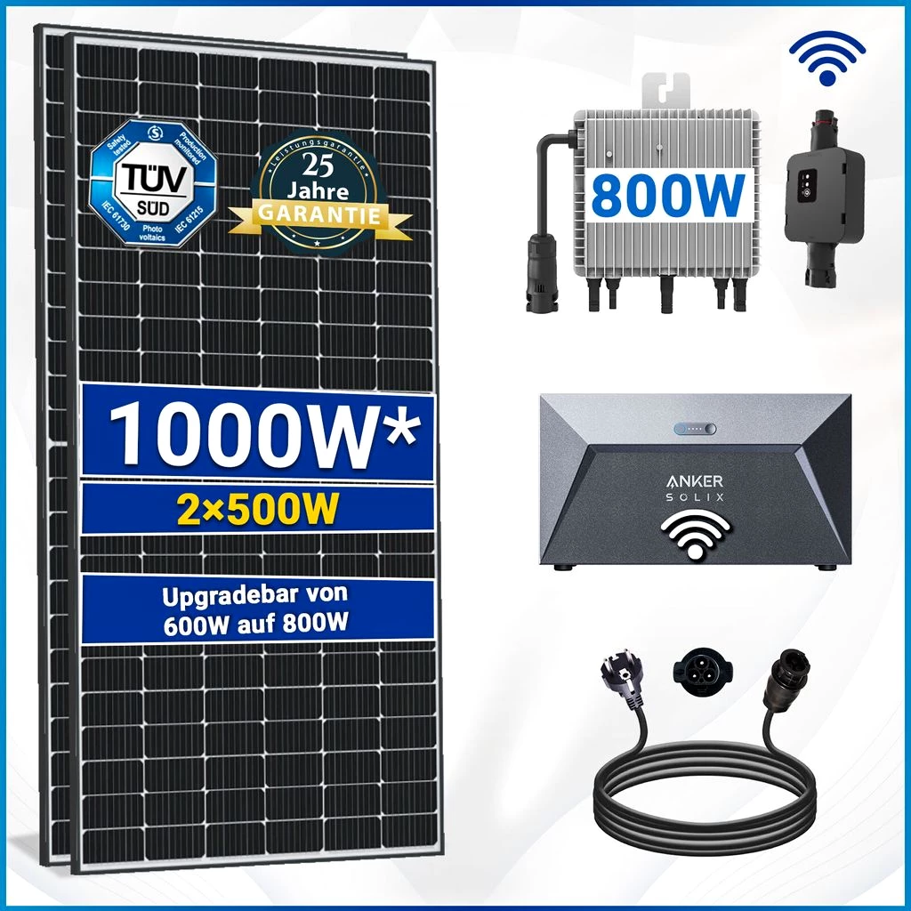 1000W Balkonkraftwerk Set inkl. 2x500W Solarmodule, Anker SOLIX Solarbank E1600 Solarspeicher